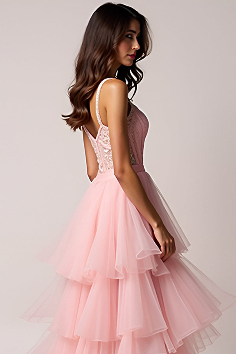 Load image into Gallery viewer, Blush Pink Tulle Beaded Long Asymmetrical Prom Dress with Slit