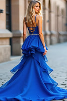 Load image into Gallery viewer, Royal Blue A Line V-Neck Tiered Long Prom Dress with Slit