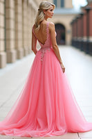 Load image into Gallery viewer, Pink A Line Tulle Ball Gown Long Prom Dress with Lace