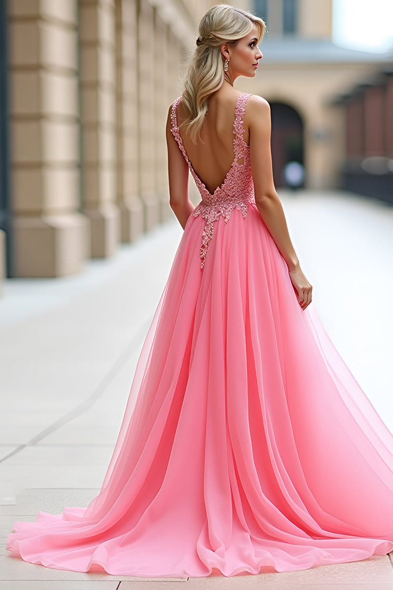 Load image into Gallery viewer, Pink A Line Tulle Ball Gown Long Prom Dress with Lace