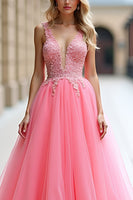 Load image into Gallery viewer, Pink A Line Tulle Ball Gown Long Prom Dress with Lace