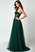 Load image into Gallery viewer, Dark Green A Line Strapless Long Prom Dress with Slit