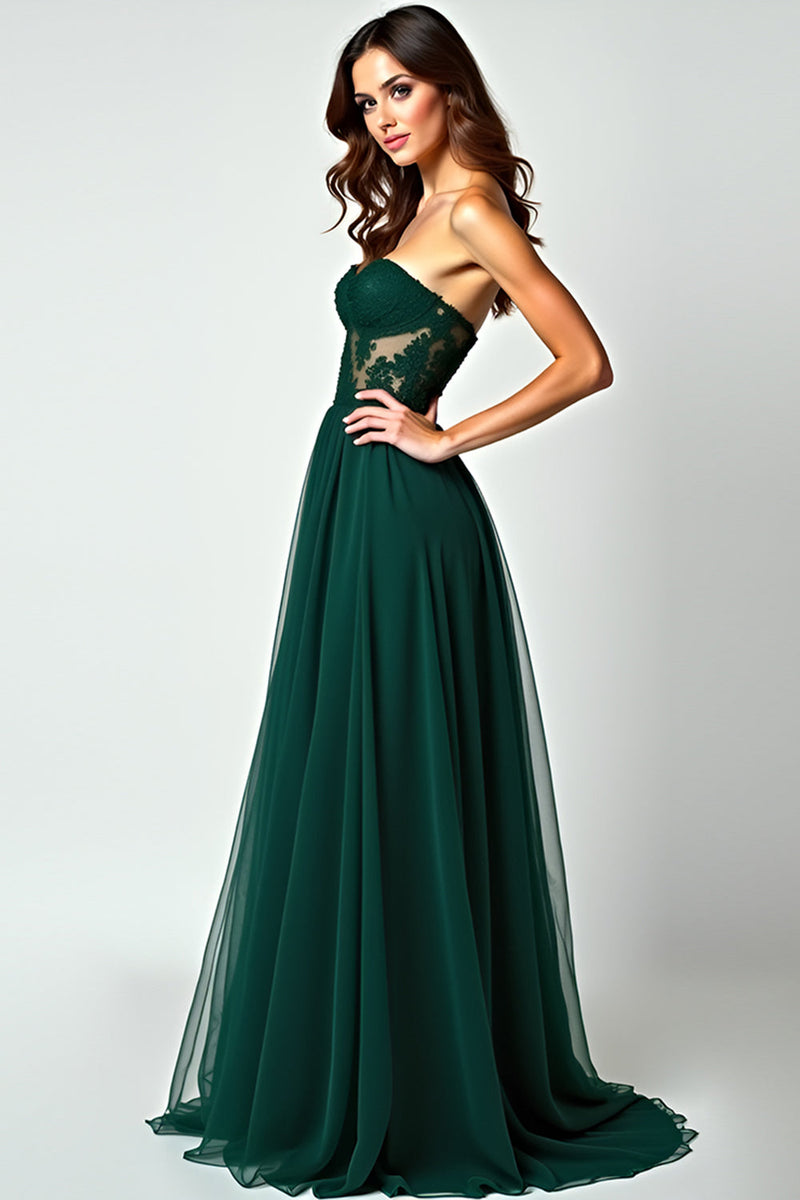 Load image into Gallery viewer, Dark Green A Line Strapless Long Prom Dress with Slit