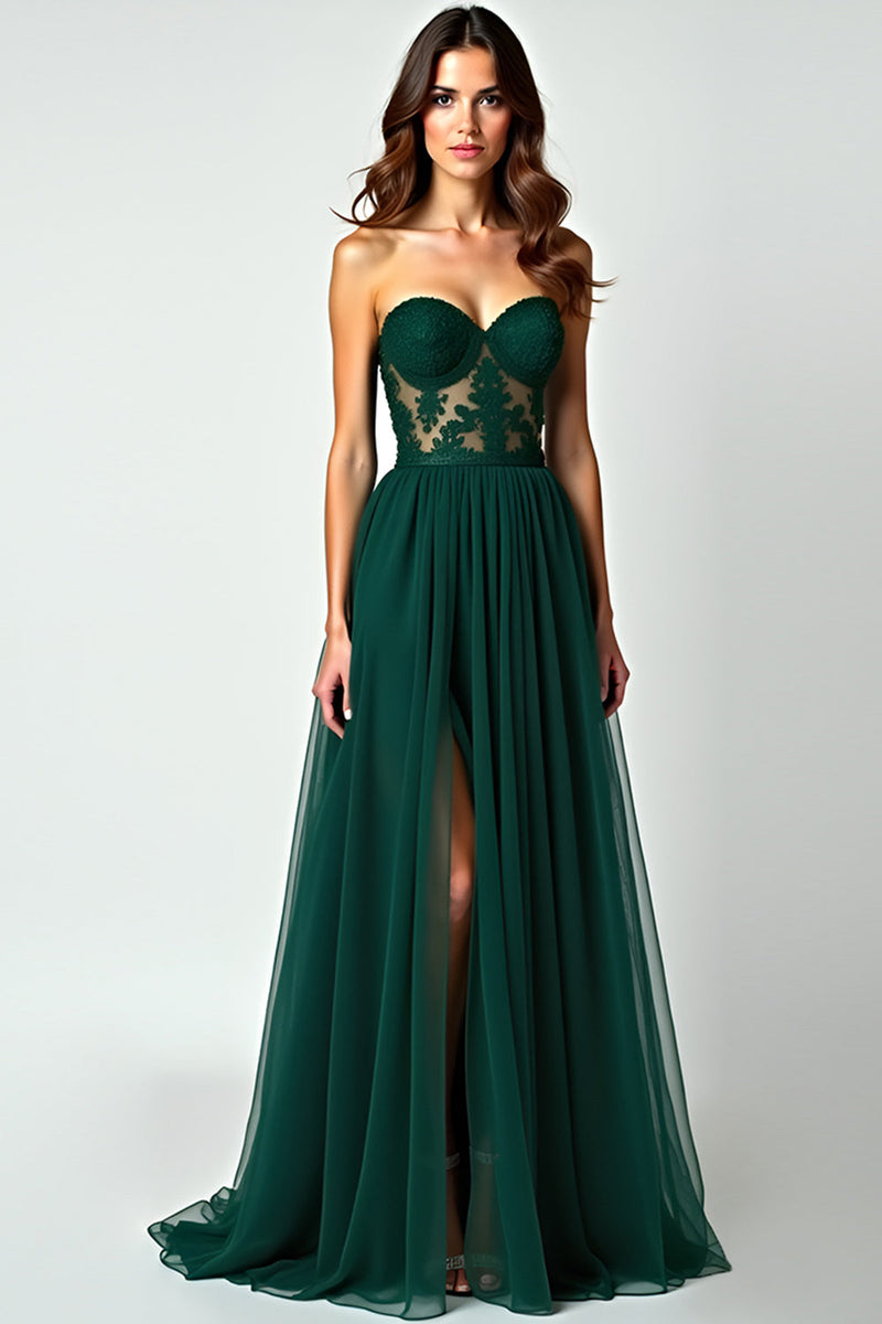 Load image into Gallery viewer, Dark Green A Line Strapless Long Prom Dress with Slit