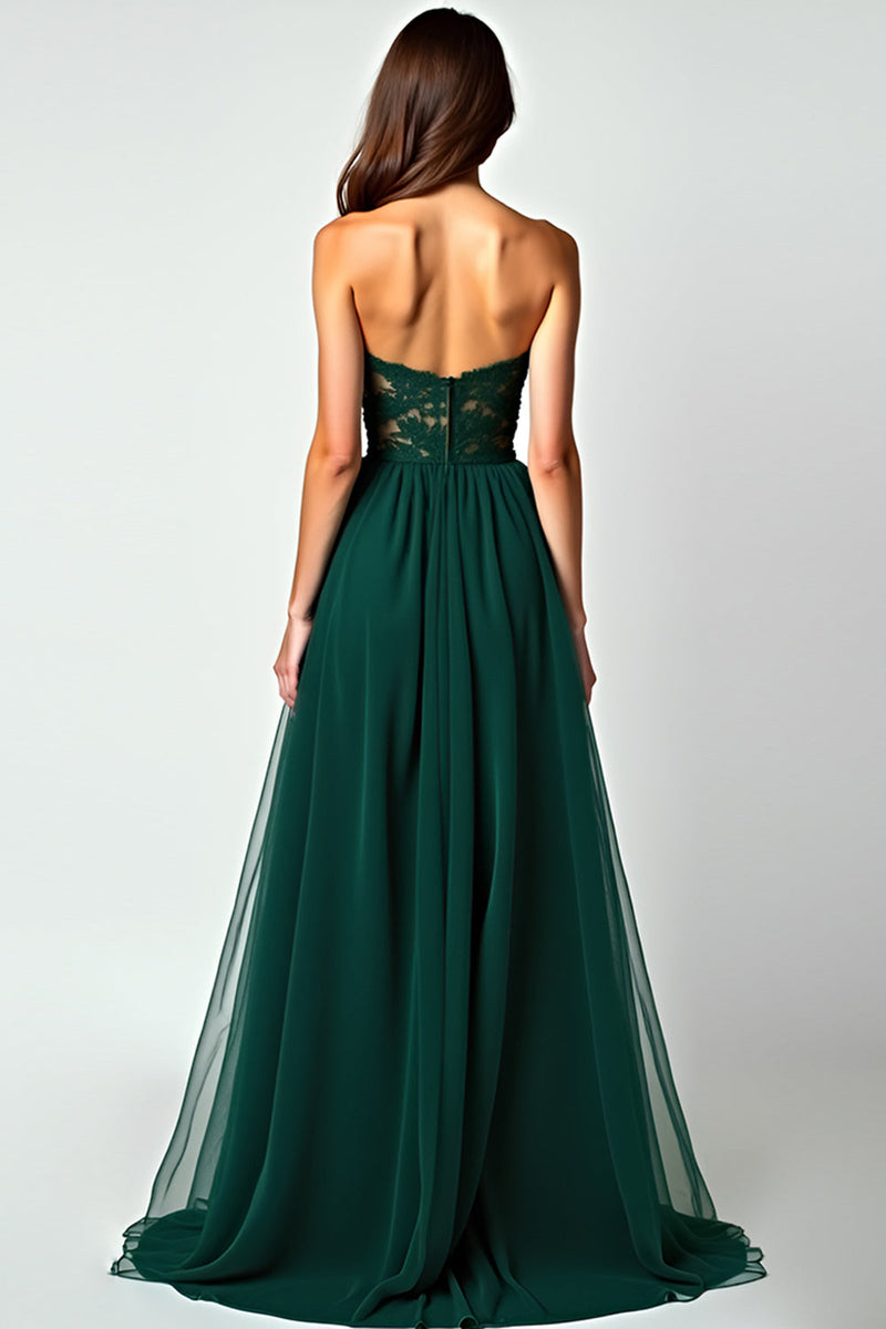 Load image into Gallery viewer, Dark Green A Line Strapless Long Prom Dress with Slit