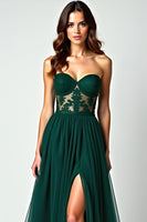 Load image into Gallery viewer, Dark Green A Line Strapless Long Prom Dress with Slit