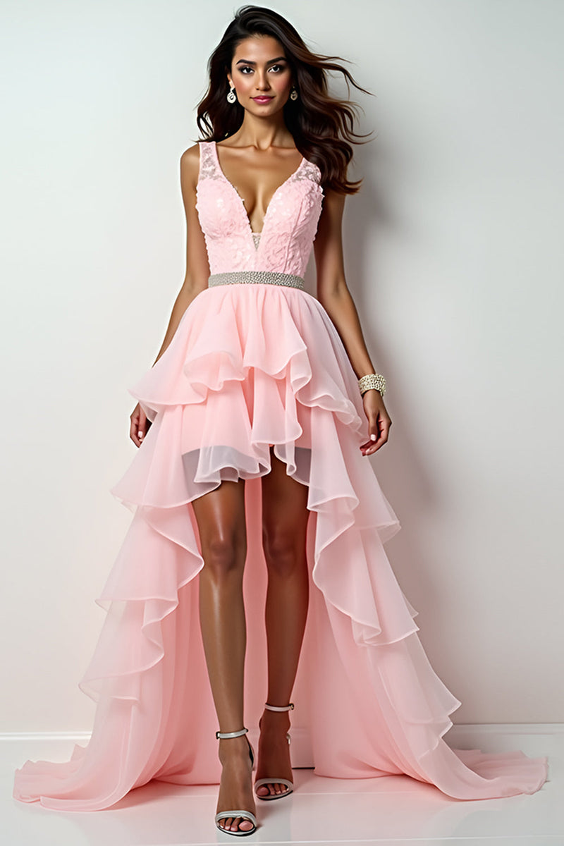 Load image into Gallery viewer, Blush Pink Sweep Train Long Prom Dress with Ruffles
