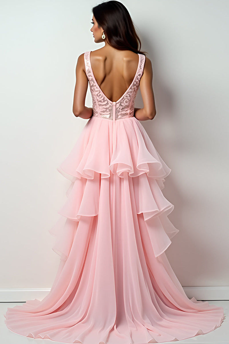 Load image into Gallery viewer, Blush Pink Sweep Train Long Prom Dress with Ruffles