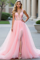 Load image into Gallery viewer, Blush Pink Long Tulle Ball Gown Prom Dress with Slit