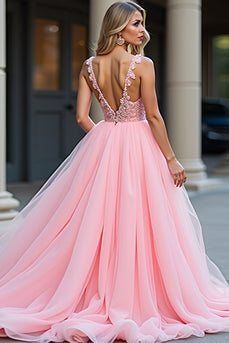 Blush Pink Long Tulle Ball Gown Prom Dress with Slit