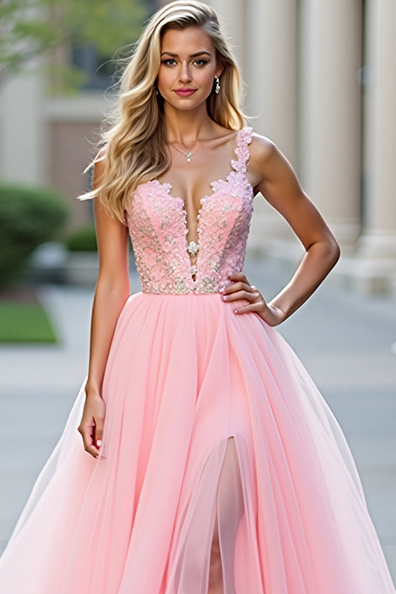 Load image into Gallery viewer, Blush Pink Long Tulle Ball Gown Prom Dress with Slit