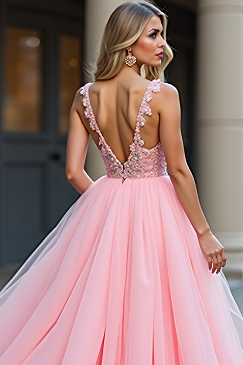 Load image into Gallery viewer, Blush Pink Long Tulle Ball Gown Prom Dress with Slit