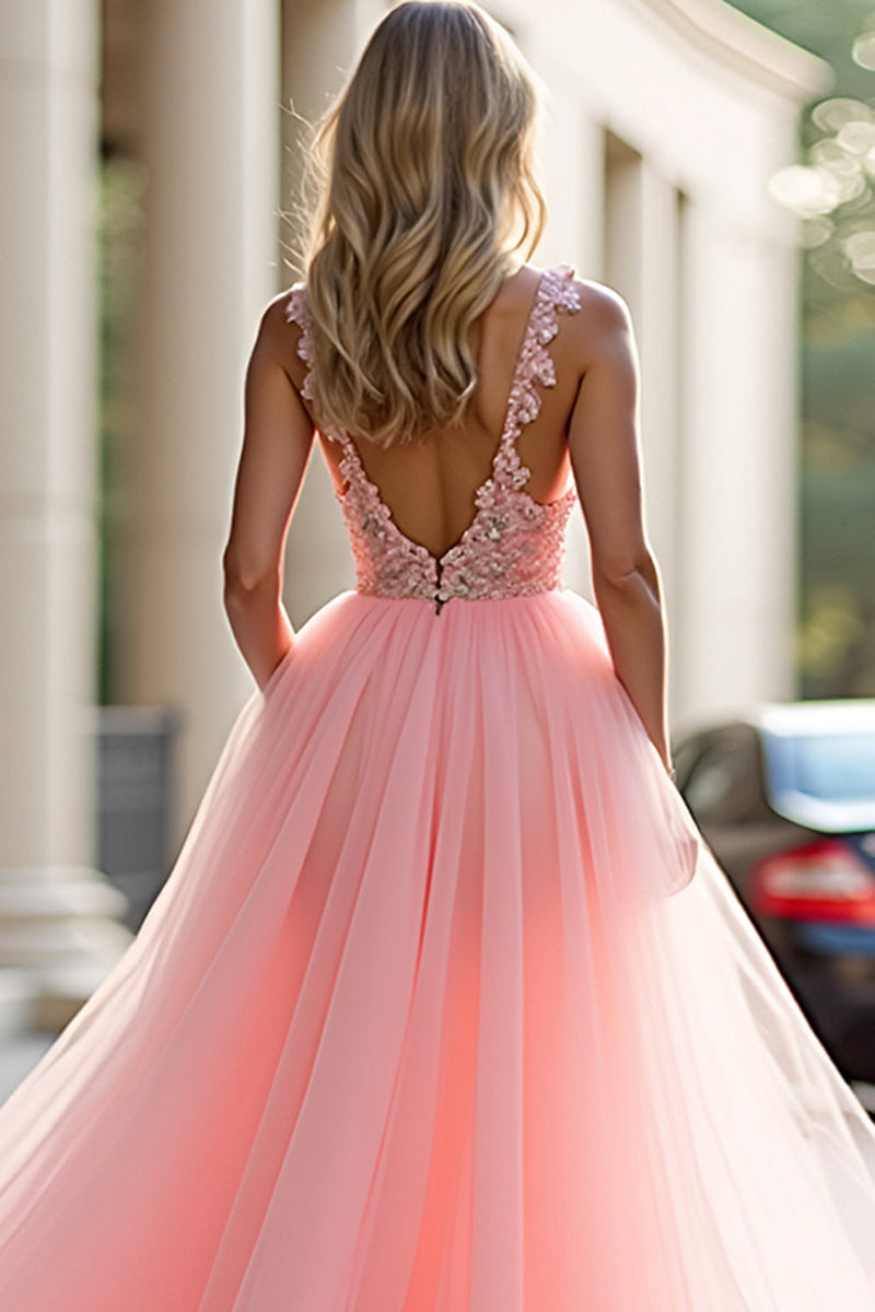Load image into Gallery viewer, Blush Pink Long Tulle Ball Gown Prom Dress with Slit
