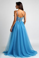 Load image into Gallery viewer, Light Blue A Line Tulle Long Prom Dress with Slit