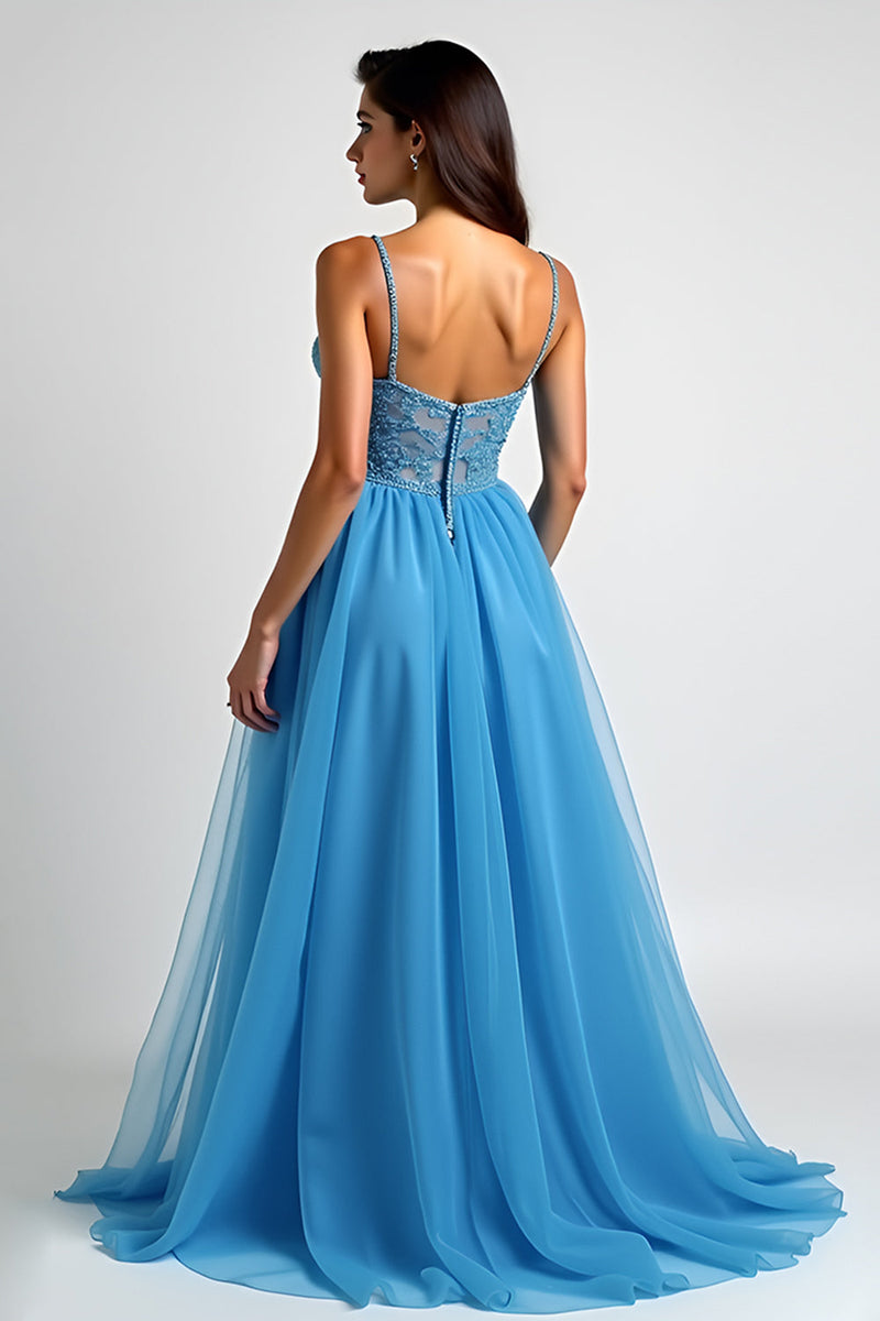 Load image into Gallery viewer, Light Blue A Line Tulle Long Prom Dress with Slit