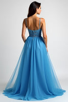 Load image into Gallery viewer, Light Blue A Line Tulle Long Prom Dress with Slit