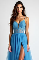 Load image into Gallery viewer, Light Blue A Line Tulle Long Prom Dress with Slit