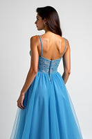 Load image into Gallery viewer, Light Blue A Line Tulle Long Prom Dress with Slit