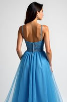 Load image into Gallery viewer, Light Blue A Line Tulle Long Prom Dress with Slit