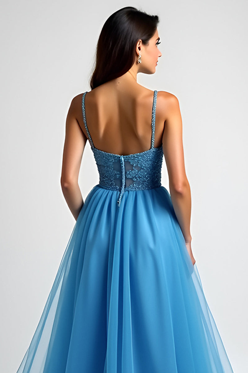 Load image into Gallery viewer, Light Blue A Line Tulle Long Prom Dress with Slit