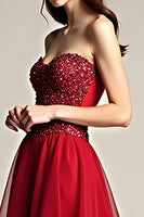 Load image into Gallery viewer, Burgundy A Line Tulle Sweetheart Beaded Long Prom Dress