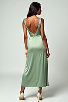 Load image into Gallery viewer, Dusty Sage Backless Tea-Length Formal Dress with Beading