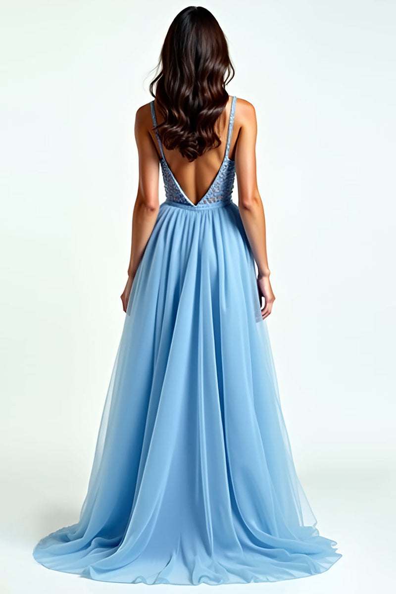 Load image into Gallery viewer, A Line Light Blue Spaghetti Straps Long Prom Dress with Slit