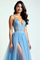 Load image into Gallery viewer, A Line Light Blue Spaghetti Straps Long Prom Dress with Slit