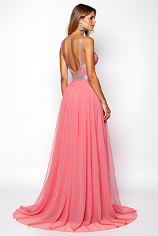 A Line Watermelon Chiffon Backless Long Prom Dress