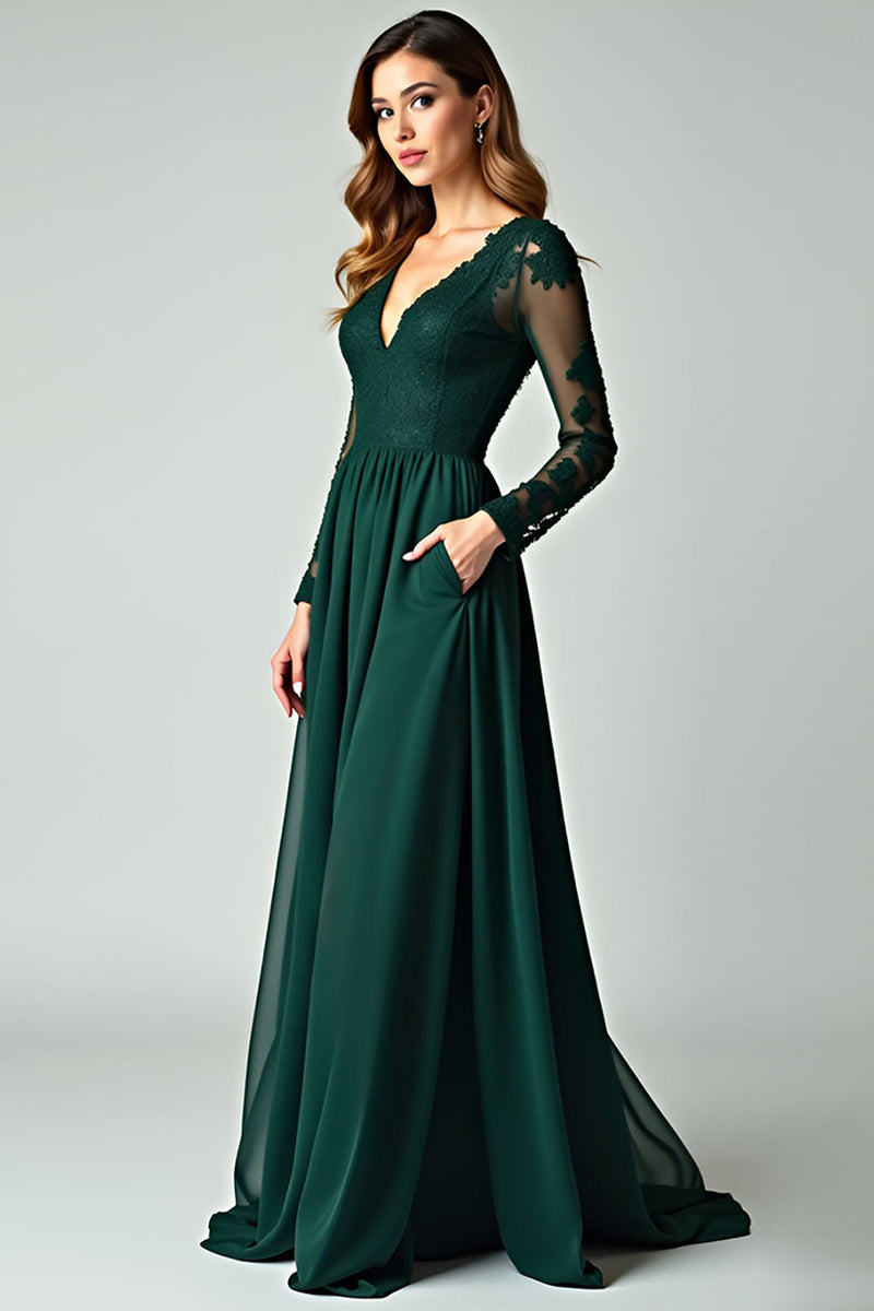Load image into Gallery viewer, V-Neck Pine Appliqued Long Prom Dress with Long Sleeves