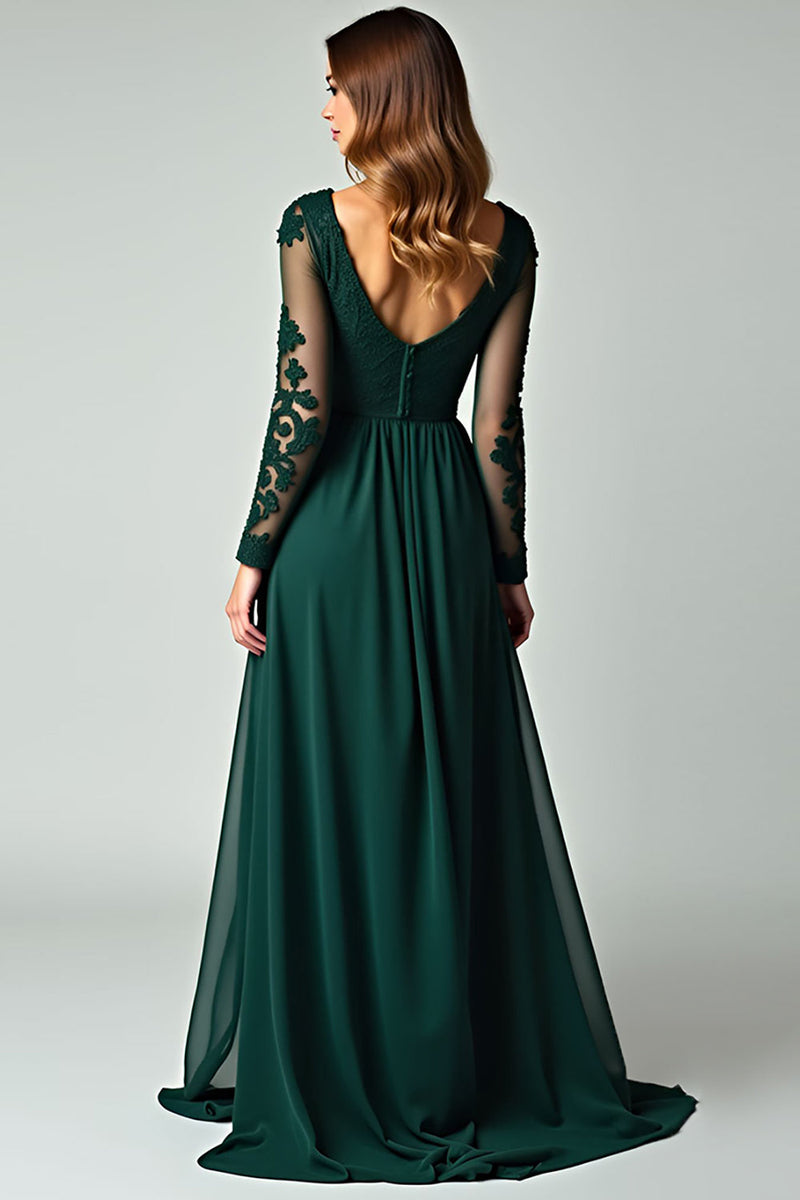 Load image into Gallery viewer, V-Neck Pine Appliqued Long Prom Dress with Long Sleeves