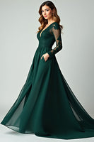 Load image into Gallery viewer, V-Neck Pine Appliqued Long Prom Dress with Long Sleeves