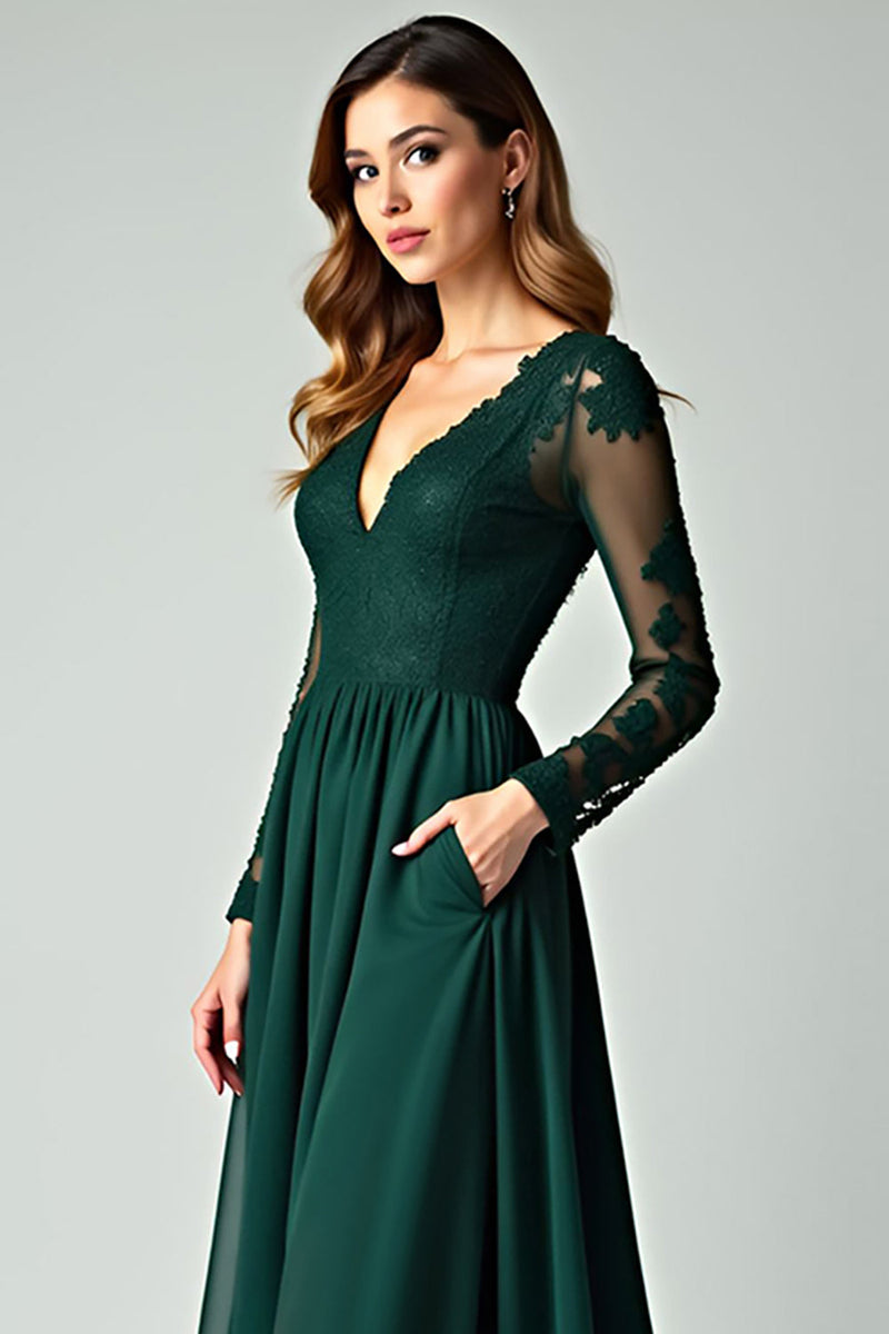 Load image into Gallery viewer, V-Neck Pine Appliqued Long Prom Dress with Long Sleeves