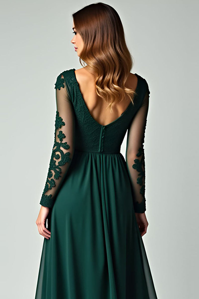 Load image into Gallery viewer, V-Neck Pine Appliqued Long Prom Dress with Long Sleeves