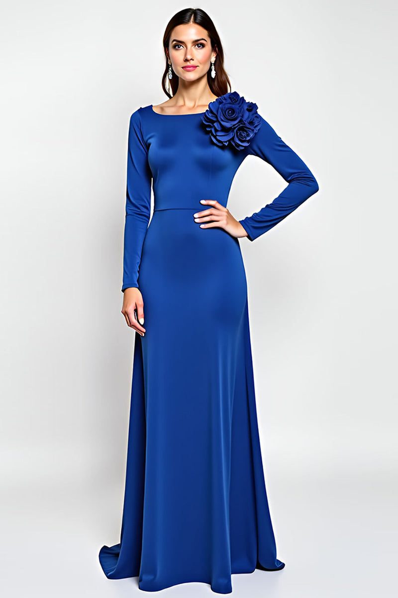 Load image into Gallery viewer, Sheath Royal Blue Long Sleeves Mother of the Bride Dress with 3D Flowers