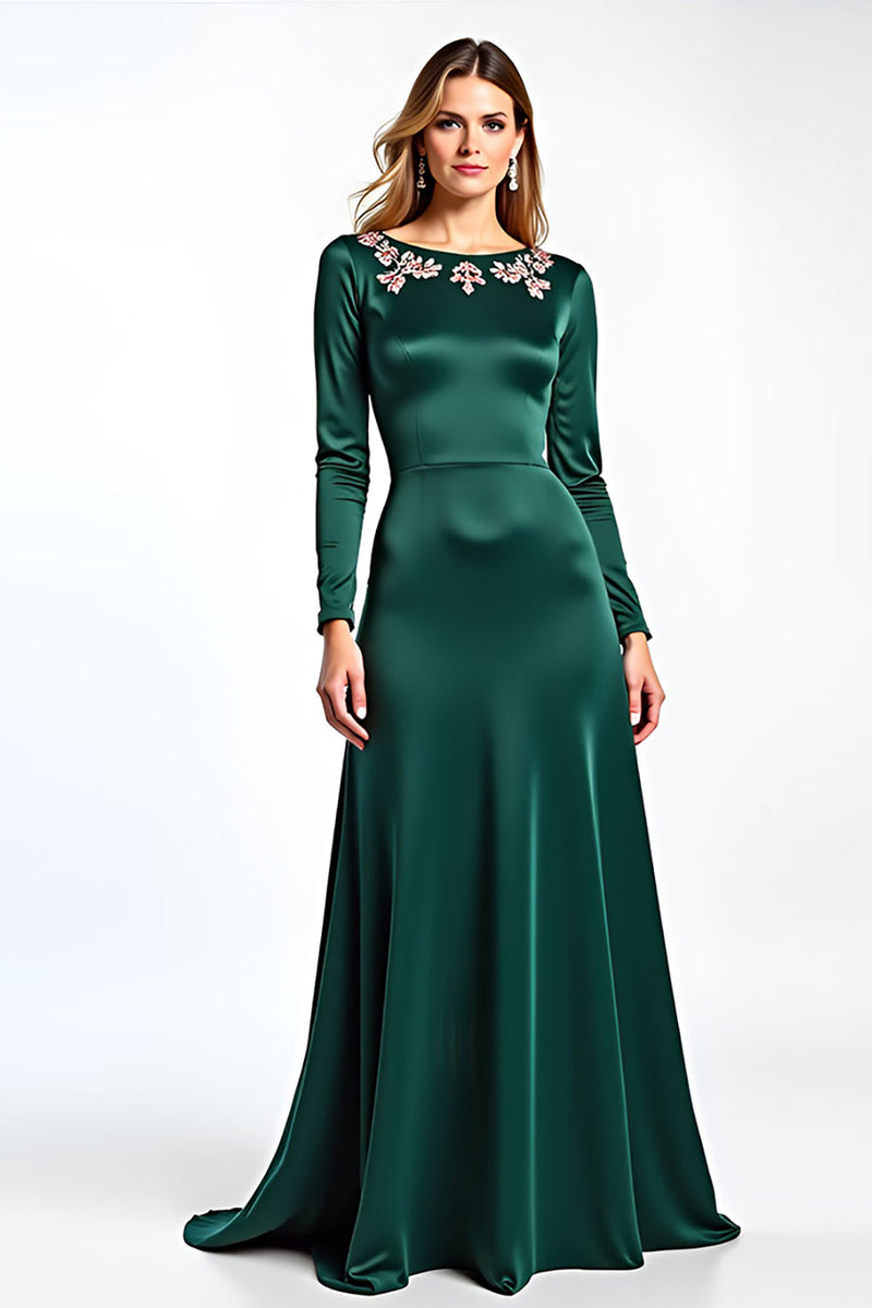 Load image into Gallery viewer, Pine Round Neck Floral Mother of the Bride Dress with Long Sleeves