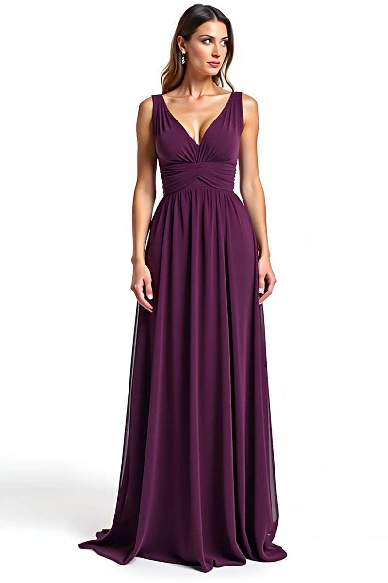 Load image into Gallery viewer, A Line Ruhced Purple Backless Long Mother of the Bride Dress