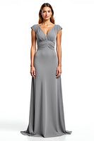 Load image into Gallery viewer, Sliver Chiffon V-Neck Long Ruched Mother of the Bride Dress