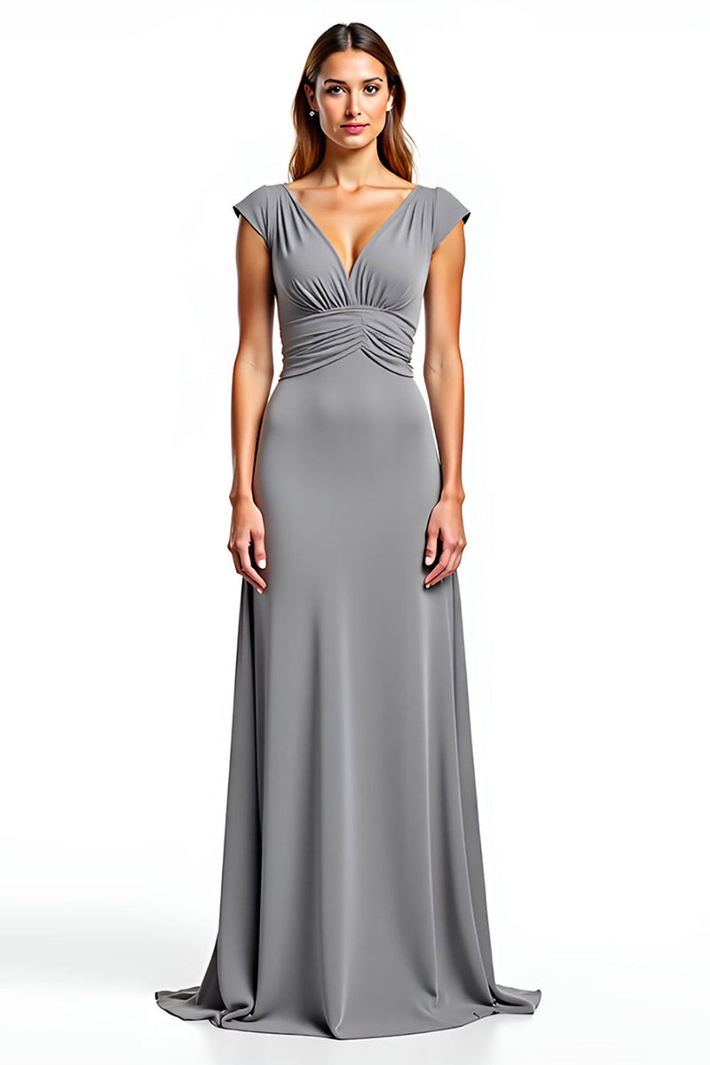 Load image into Gallery viewer, Sliver Chiffon V-Neck Long Ruched Mother of the Bride Dress