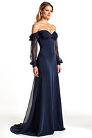 Load image into Gallery viewer, Navy Sweetheart Long Sheer Sleeves Mother of the Bride Dress with Ruffles