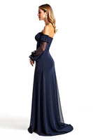 Load image into Gallery viewer, Navy Sweetheart Long Sheer Sleeves Mother of the Bride Dress with Ruffles