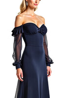 Load image into Gallery viewer, Navy Sweetheart Long Sheer Sleeves Mother of the Bride Dress with Ruffles