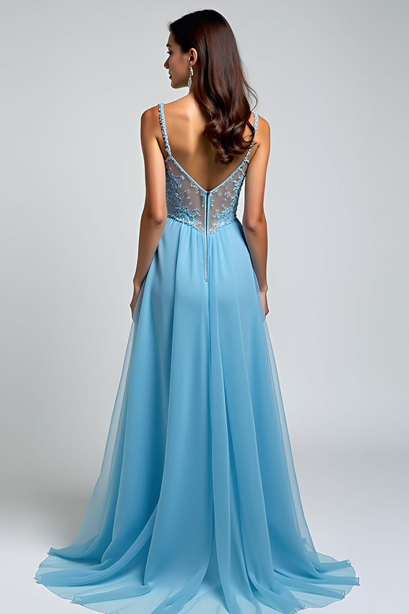 Load image into Gallery viewer, A Line Light Blue Chiffon Long Prom Dress with Slit