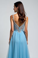 Load image into Gallery viewer, A Line Light Blue Chiffon Long Prom Dress with Slit