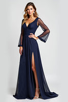 Load image into Gallery viewer, Navy A Line V-Neck Long Sleeves Mother of the Bride Dress with Slit