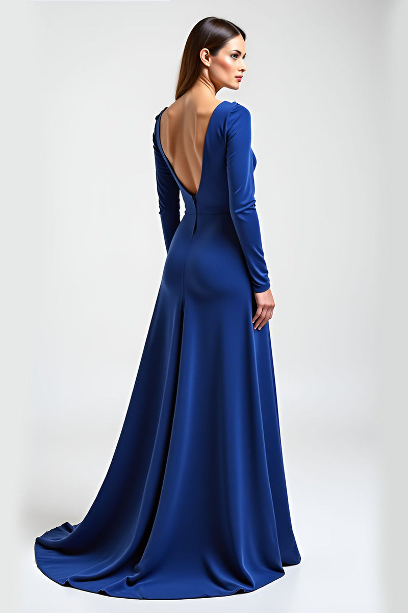 Load image into Gallery viewer, Royal Blue Long Sleeves Satin Long Mother of the Bride Dress with Flowers