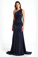 Load image into Gallery viewer, Navy Sheath Satin One Shoulder Long Prom Dress