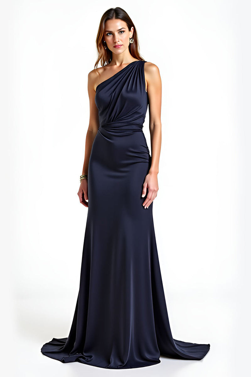 Load image into Gallery viewer, Navy Sheath Satin One Shoulder Long Prom Dress