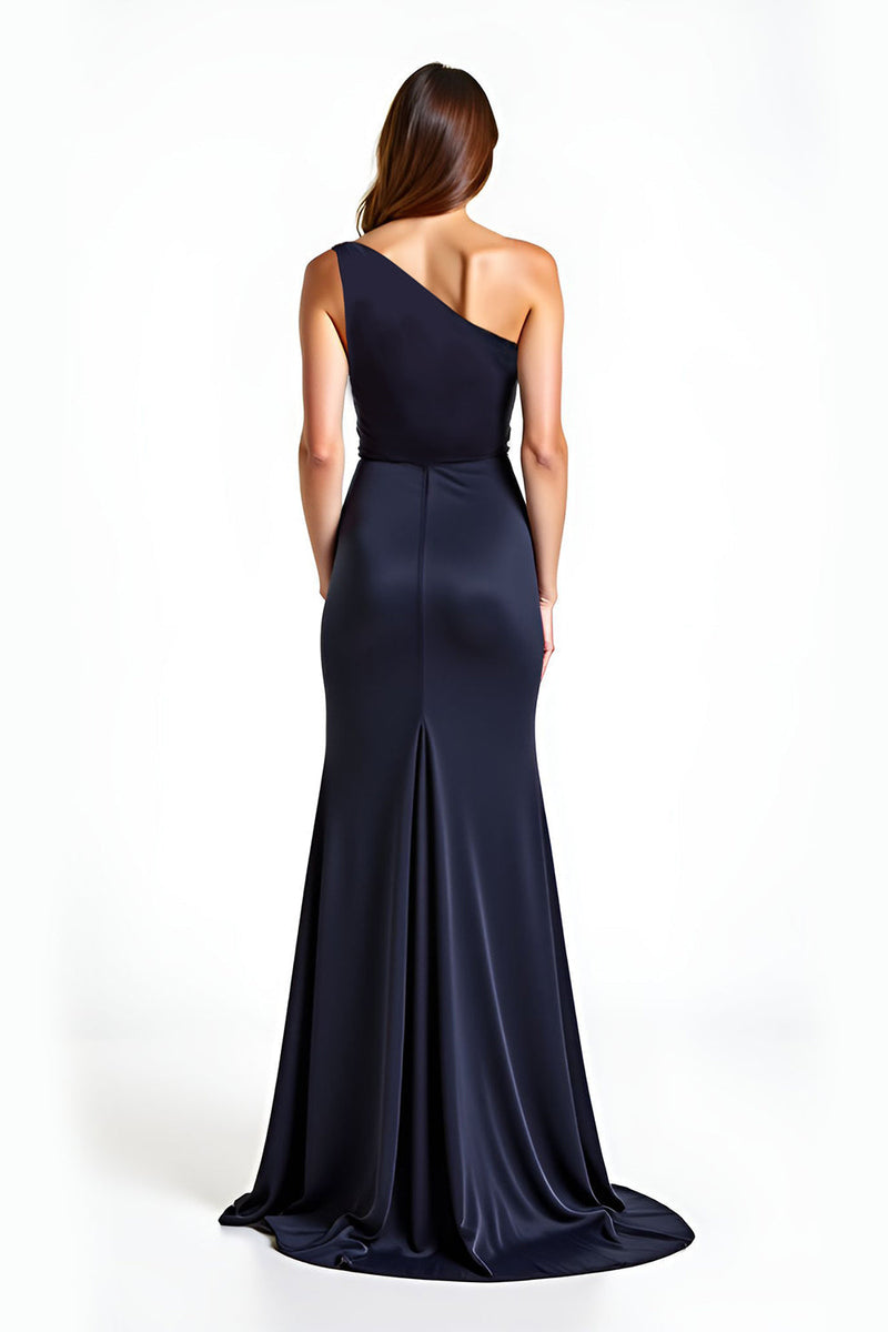 Load image into Gallery viewer, Navy Sheath Satin One Shoulder Long Prom Dress