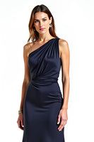 Load image into Gallery viewer, Navy Sheath Satin One Shoulder Long Prom Dress